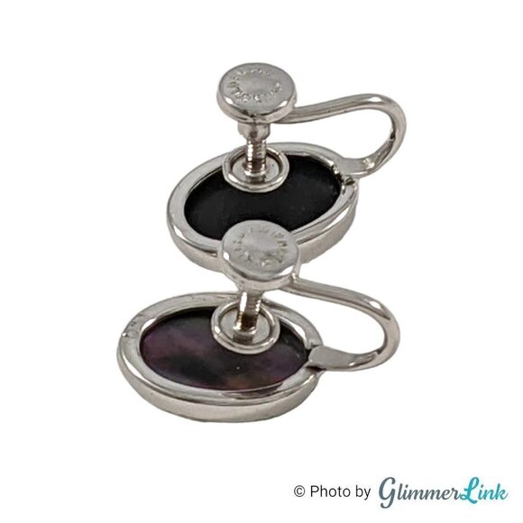 Vintage 12K White Gold Filled Oval Black MOP Abalone Shell Cabochon Screw Back E - Picture 6 of 9